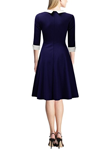 Miusol® Damen Knielang 1/2 Arm Rundhals Vintage Kleid Abendkleid Rockabilly Festlich Kleider Blau Gr.M - 2