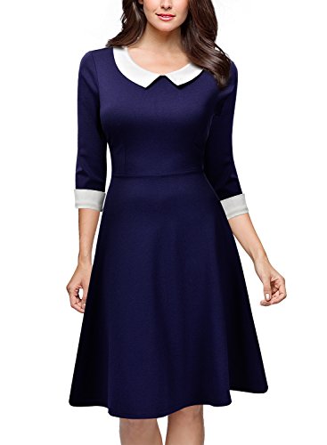 Miusol® Damen Knielang 1/2 Arm Rundhals Vintage Kleid Abendkleid Rockabilly Festlich Kleider Blau Gr.M - 3