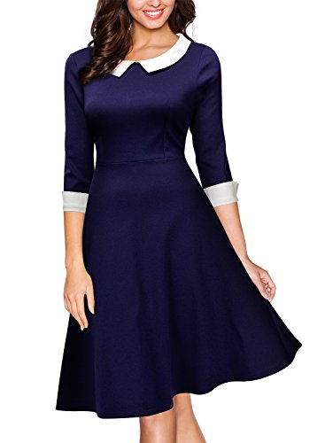 Miusol® Damen Knielang 1/2 Arm Rundhals Vintage Kleid Abendkleid Rockabilly Festlich Kleider Blau Gr.M - 4