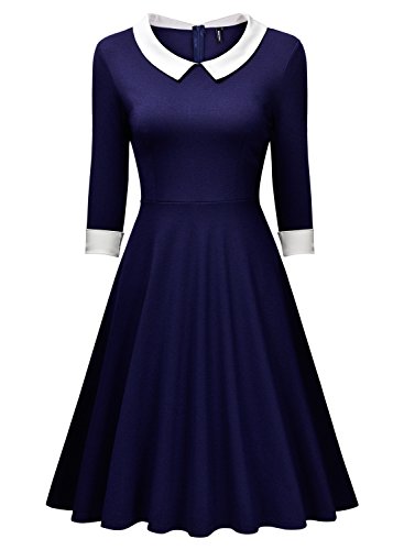 Miusol® Damen Knielang 1/2 Arm Rundhals Vintage Kleid Abendkleid Rockabilly Festlich Kleider Blau Gr.M - 2