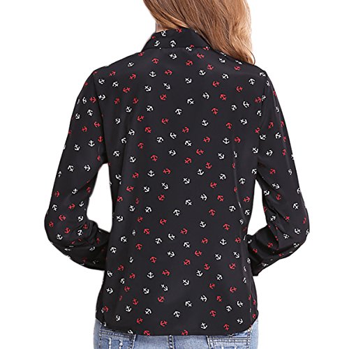 Fanmay Stylische Chiffon Damen Blusen Revers Splice Anker Printing Retro Langarm Casual Lose Longshirt T-Shirt Tops Blusenshirt Oberteil (M, Schwarz) - 