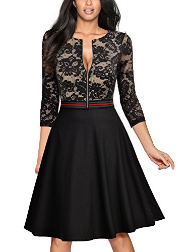 Miusol Elegant Spitzenkleid Abendkleid Reissverschluss vorne Knielang Cocktailkleid