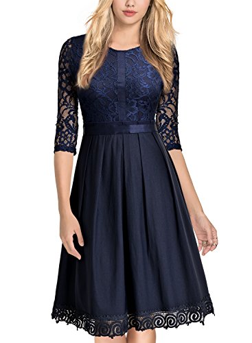 Miusol Abendkleid Cocktailkleid Vintage 3/4 Arm Spitzenkleid Dunkelblau - 2