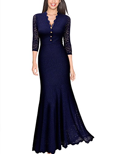 Miusol Elegante Damen 3/4 Arm V-Ausschnitt Spitzen Brautkleid Festliches Kn?pfe Cocktailkleid Langes Abendkleid Navy Blau Gr.S - 2