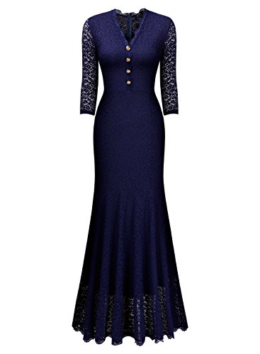 Miusol Elegante Damen 3/4 Arm V-Ausschnitt Spitzen Brautkleid Festliches Kn?pfe Cocktailkleid Langes Abendkleid Navy Blau Gr.S - 4