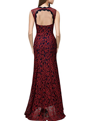 Miusol Damen Kleid Elegant Spitzen Langes Brautjungfer Rueckenfrei Aemerlos Fishtail Cocktailkleid Rot Gr.M -