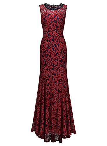 Miusol Damen Kleid Elegant Spitzen Langes Brautjungfer Rueckenfrei Aemerlos Fishtail Cocktailkleid Rot Gr.M -