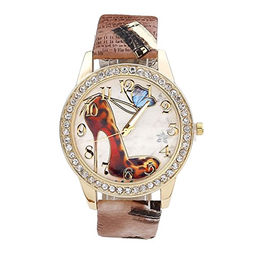 JSDDE Uhren,Oktoberfest Vintage Damen Strass Armbanduhr Falter Schuhe mit hohem Absatz Muster Analog Quarzuhr,Kaffee