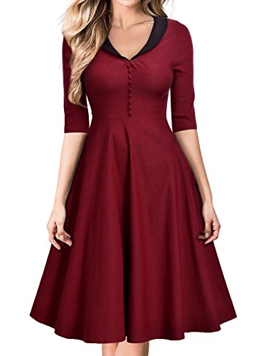 MIUSOL Rockabilly Cocktailkleid V-Ausschnitt Business Retro 50er Jahre Kleid Weinrot