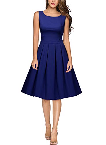 Miusol Rundhals Trägerkleid 1950er Retro Cocktailkleid Faltenrock Kleid Navy Blau