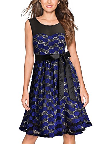 Miusol Abendkleid mit Spitze ärmellos Hochzeit oder Brautjungfer Sommerkleid Ballkleid Blau