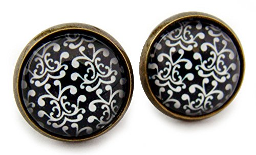 Miss Lovie Ohrstecker Vintage Blumen Ohrringe Flower Cabochon 12mm Ohrschmuck (Schwarz(Black))