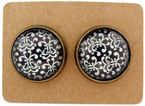 Miss Lovie Ohrstecker Vintage Blumen Ohrringe Flower Cabochon 12mm Ohrschmuck (Schwarz(Black)) - 3