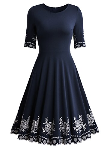 Damen 3/4 Arm Vintage 50er Jahre Kleid Abendlkleid Party Ballkleid Blau Gr.36-44 