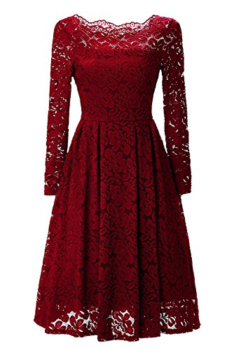 YaoDgFa Sexy Damen Kleider Spitze Abendkleid Cocktailkleid Partykleid Rockabilly Kleid Knielang Festlich Langarm Off Schulter Retro 1950er