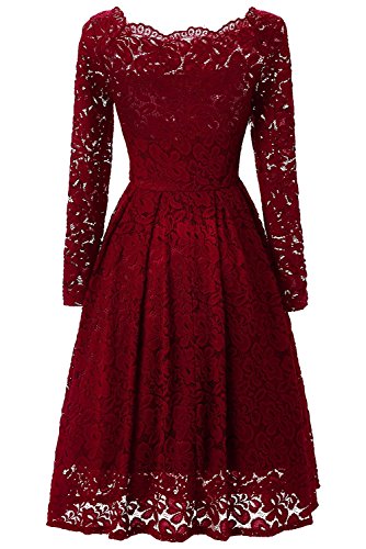 YaoDgFa Sexy Damen Kleider Spitze Abendkleid Cocktailkleid Partykleid Rockabilly Kleid Knielang Festlich Langarm Off Schulter Retro 1950er - 2