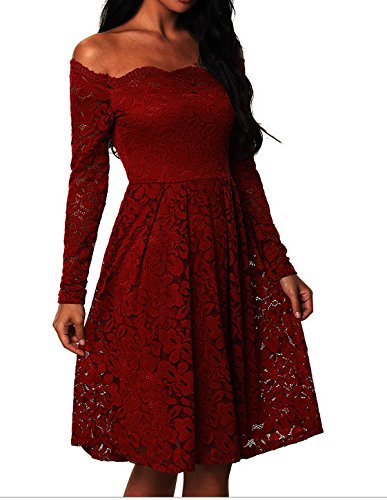 YaoDgFa Sexy Damen Kleider Spitze Abendkleid Cocktailkleid Partykleid Rockabilly Kleid Knielang Festlich Langarm Off Schulter Retro 1950er - 3