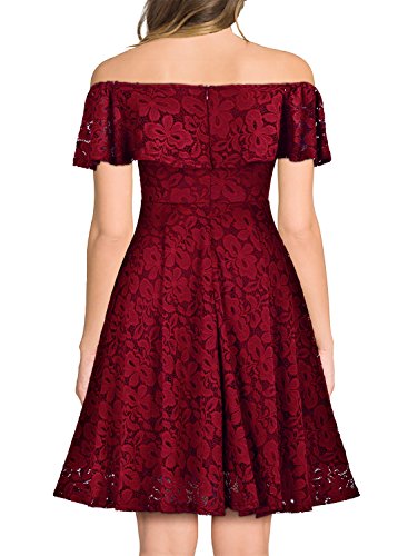 MIUSOL Damen Vintage 1950er Cocktailkleid Retro Spitzen Off Schulter Schwingen Pinup Rockabilly Abendkleid Rot Gr.S - 2