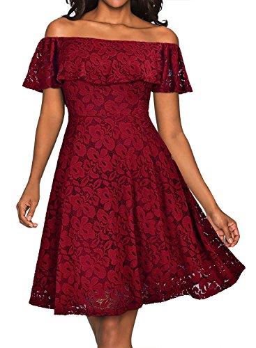 MIUSOL Damen Vintage 1950er Cocktailkleid Retro Spitzen Off Schulter Schwingen Pinup Rockabilly Abendkleid Rot Gr.S - 3