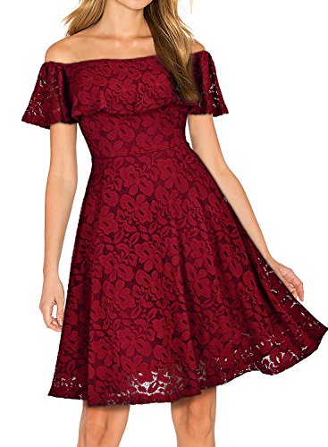 MIUSOL Damen Vintage 1950er Cocktailkleid Retro Spitzen Off Schulter Schwingen Pinup Rockabilly Abendkleid Rot Gr.S - 4