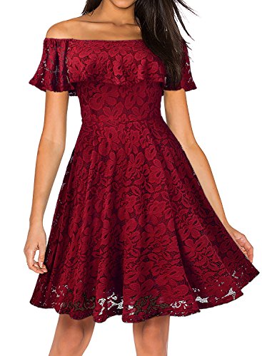 MIUSOL Damen Vintage 1950er Cocktailkleid Retro Spitzen Off Schulter Schwingen Pinup Rockabilly Abendkleid Rot Gr.S - 5