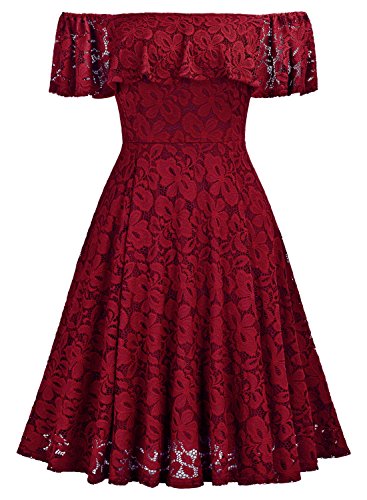 MIUSOL Damen Vintage 1950er Cocktailkleid Retro Spitzen Off Schulter Schwingen Pinup Rockabilly Abendkleid Rot Gr.S - 3