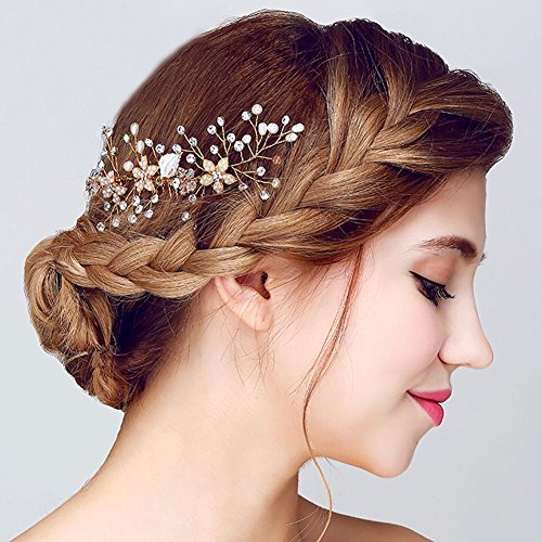 Vintage Gold Zweig Kristall Perle Seite Kämme Braut Kopfschmuck Hochzeit Zubehör - 5