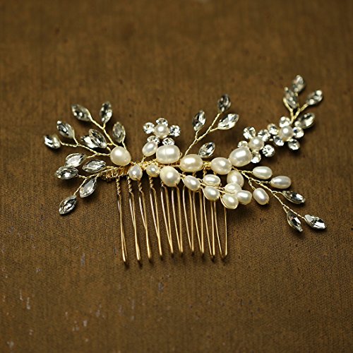 Vintage Gold Braut Haar Kamm Crystal Strass Perlen Hochzeit Haarschmuck - 