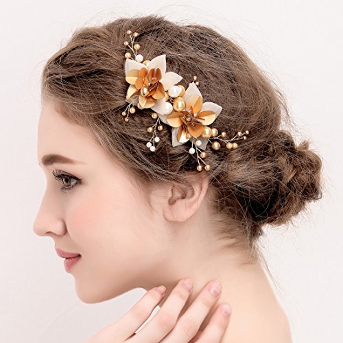 Vintage Hairgrip Gold Braut Tüll Blume Pailletten Perlen Hochzeit Haarschmuck - 