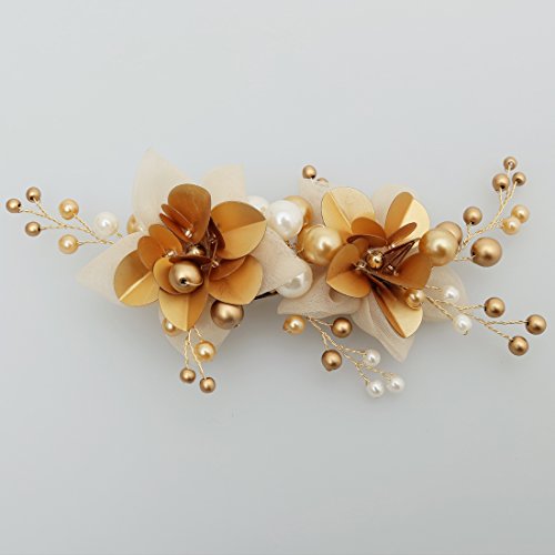 Vintage Hairgrip Gold Braut Tüll Blume Pailletten Perlen Hochzeit Haarschmuck - 