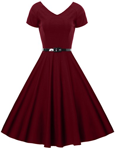 Gigileer Damen Vintage V-Ausschnitt Schwingen Rockabilly Ballkleid Kleider Cocktailkleid Burgundy S