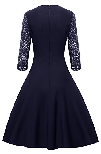 Gigileer Damen Kleider 3/4 Arm mit Spitzen Knielang Abendkleid Minikleid festlich Cocktail Party Navy M - 2