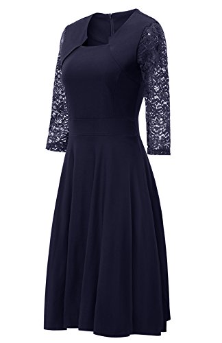 Gigileer Damen Kleider 3/4 Arm mit Spitzen Knielang Abendkleid Minikleid festlich Cocktail Party Navy M - 3