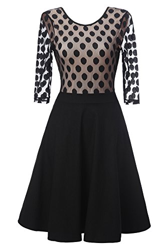 Gigileer Vintage Damen Kleider Pin Dots Swing Dress 1/2 Arm Knielang festlich Party schwarz XL