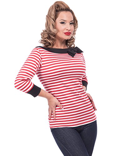 Steady Clothing Damen Retro Bluse mit Schleife - Striped Boatneck Rockabilly Oberteil 3/4 Arm Rot M