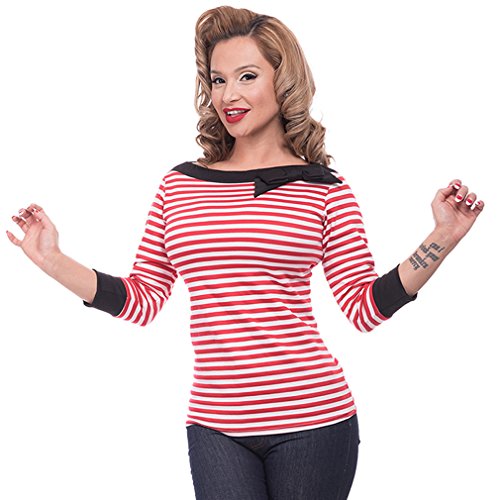 Steady Clothing Damen Retro Bluse mit Schleife – Striped Boatneck Rockabilly Oberteil 3/4 Arm Rot M - 2