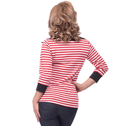 Steady Clothing Damen Retro Bluse mit Schleife – Striped Boatneck Rockabilly Oberteil 3/4 Arm Rot M - 4