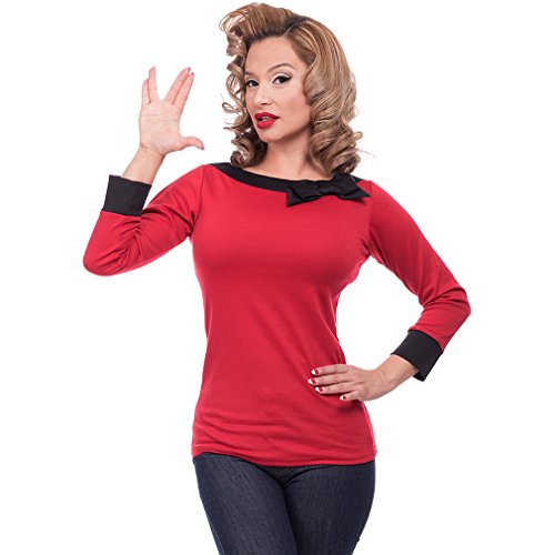 Steady Clothing Damen Retro Bluse mit Schleife – Solid Boatneck Rockabilly Oberteil 3/4 Arm Rot XL - 2