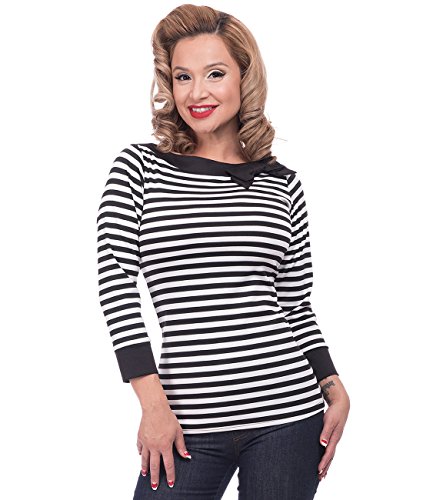 Steady Clothing Damen Retro Bluse mit Schleife - Striped Boatneck Rockabilly Oberteil 3/4 Arm Schwarz M