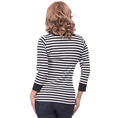 Steady Clothing Damen Retro Bluse mit Schleife – Striped Boatneck Rockabilly Oberteil 3/4 Arm Schwarz M - 4