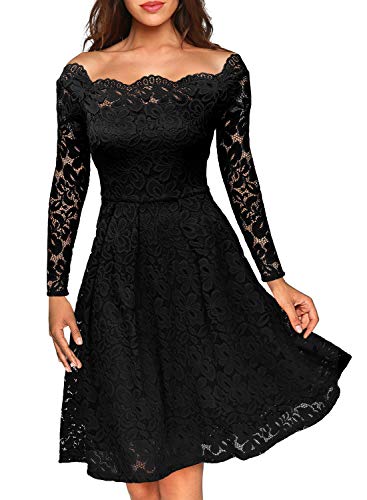 Miusol 50er Jahre Kleid Schulterfrei Cocktailkleid Retro Spitzen Pinup Rockabilly Kleid Schwarz