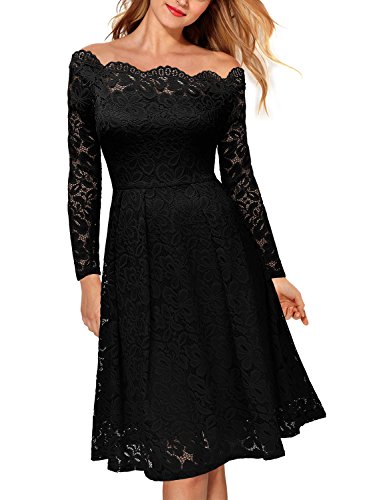 Miusol 50er Jahre Kleid Schulterfrei Cocktailkleid Retro Spitzen Pinup Rockabilly Kleid Schwarz - 5