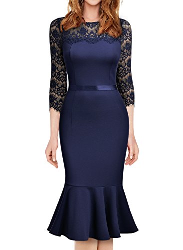 MIUSOL Spitzenkleid 3/4 Arm Vintage Cocktailkleid Fishtail Abendkleid Navy Blau