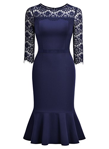 MIUSOL Damen Elegant Kleid Spitzen 3/4 Arm Vintage Cocktailkleid Fishtail Abendkleid Navy Blau Gr.S -