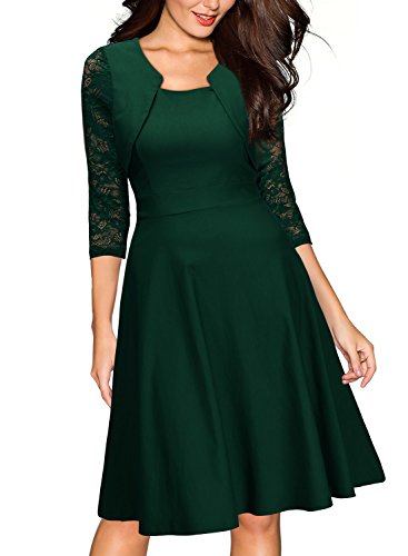 Miusol Damen Abendkleid Elegant Cocktailkleid Vintage Kleider 3/4 Arm mit Spitzen Knielang Party Kleid Gruen Gr.XL - 4