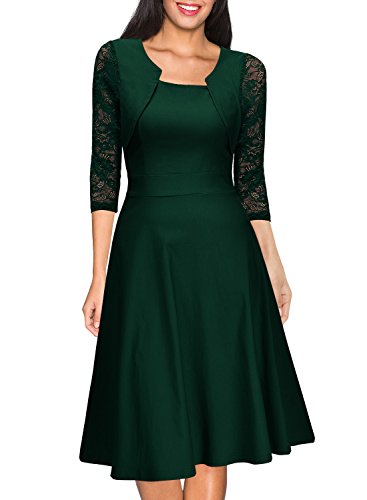 Miusol Damen Abendkleid Elegant Cocktailkleid Vintage Kleider 3/4 Arm mit Spitzen Knielang Party Kleid Gruen Gr.XL - 5