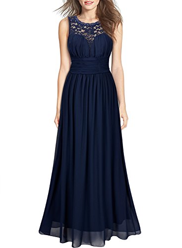 Miusol Sommer Trägerkleid Faltenrock Rundhals Cocktailkleid Spitzen Langes Kleid Dunkelblau - 3