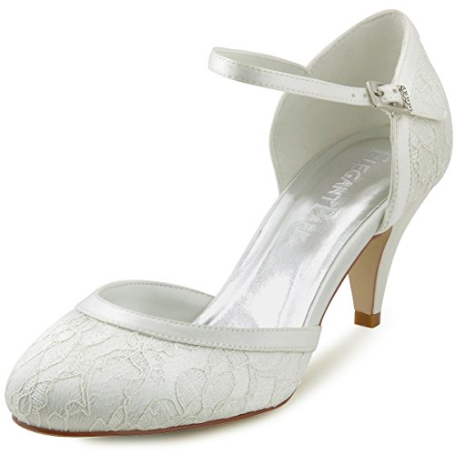 ElegantPark HC1508 Runde Zehen Schnalle Hoch Absatz Pumps Lace Tanzschuhe Damen Brautschuhe Ivory Gr.40