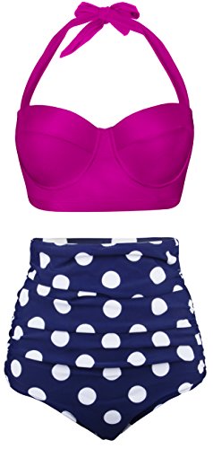 Angerella Damen Retro Stil Polka-Punkt mit hoher Taille Badeanzug Bikini Set(BKI032-R2-XL)