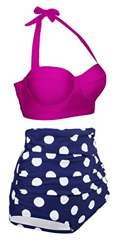 Angerella Damen Retro Stil Polka-Punkt mit hoher Taille Badeanzug Bikini Set(BKI032-R2-XL) - 2